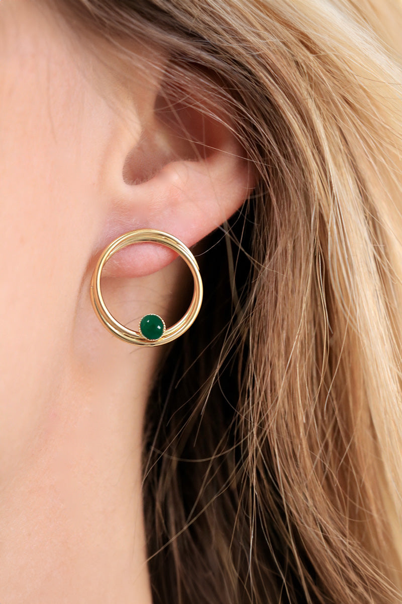antoinette ameska Boucles d'Oreilles double anneaux SATURNE Agate Verte